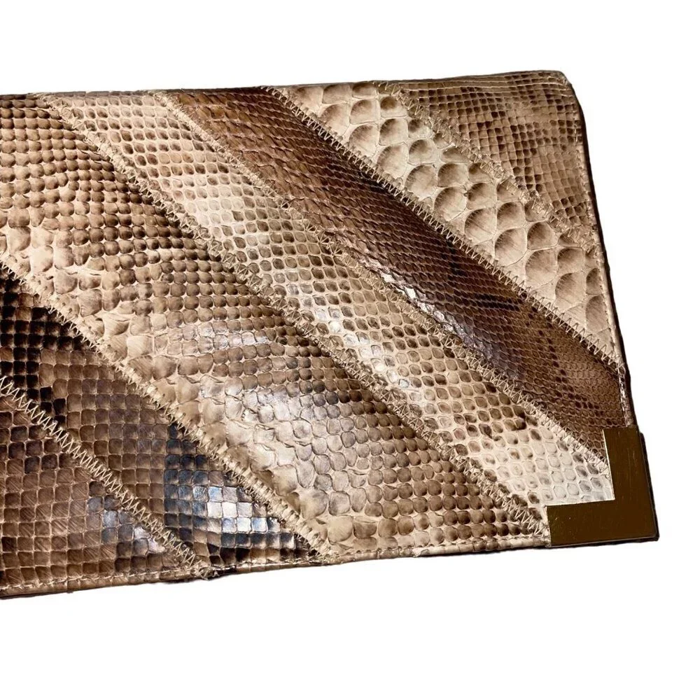 Bags By Varon Vintage Womens Clutch Shoulder Tan Leather Reptile Skin Purse